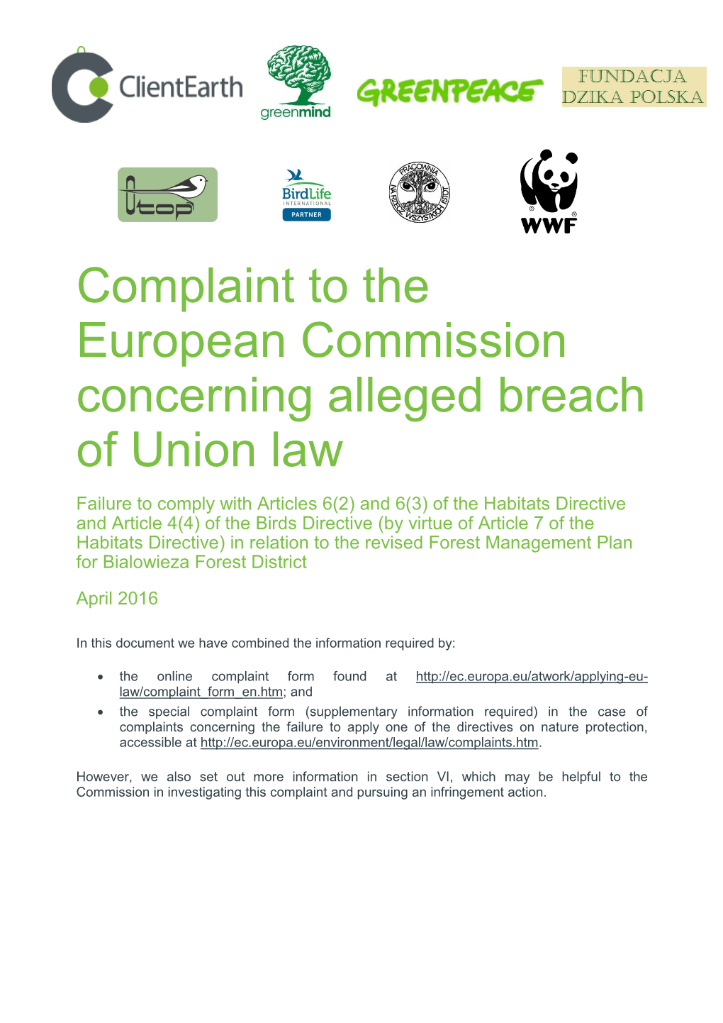 Complaint to the European Commission Concerning Alleged Breach of Union Law