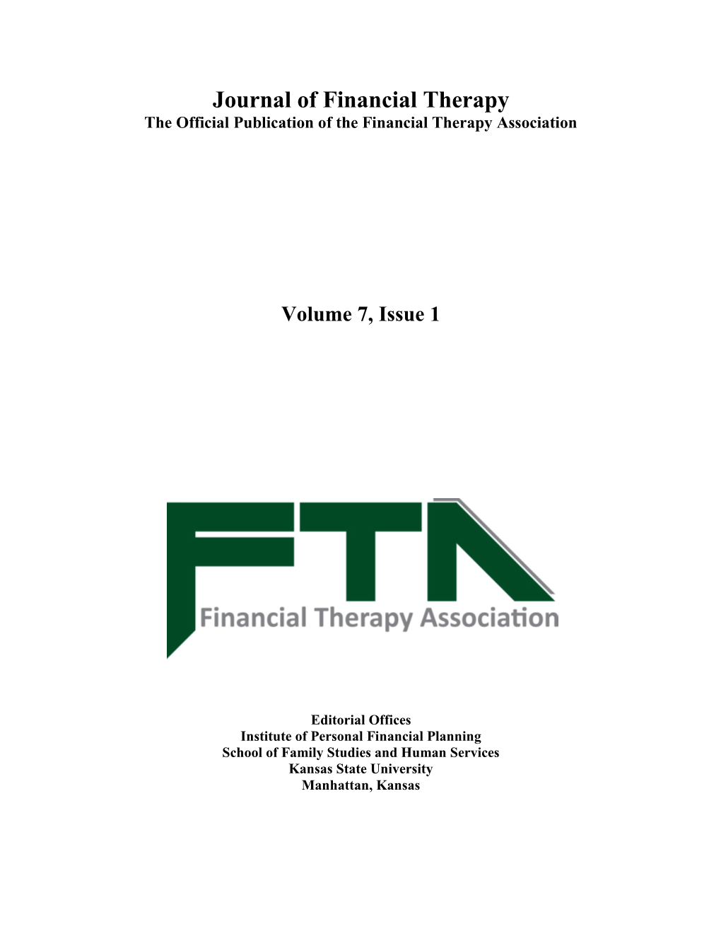 Journal of Financial Therapy the Official Publication of the Financial Therapy Association