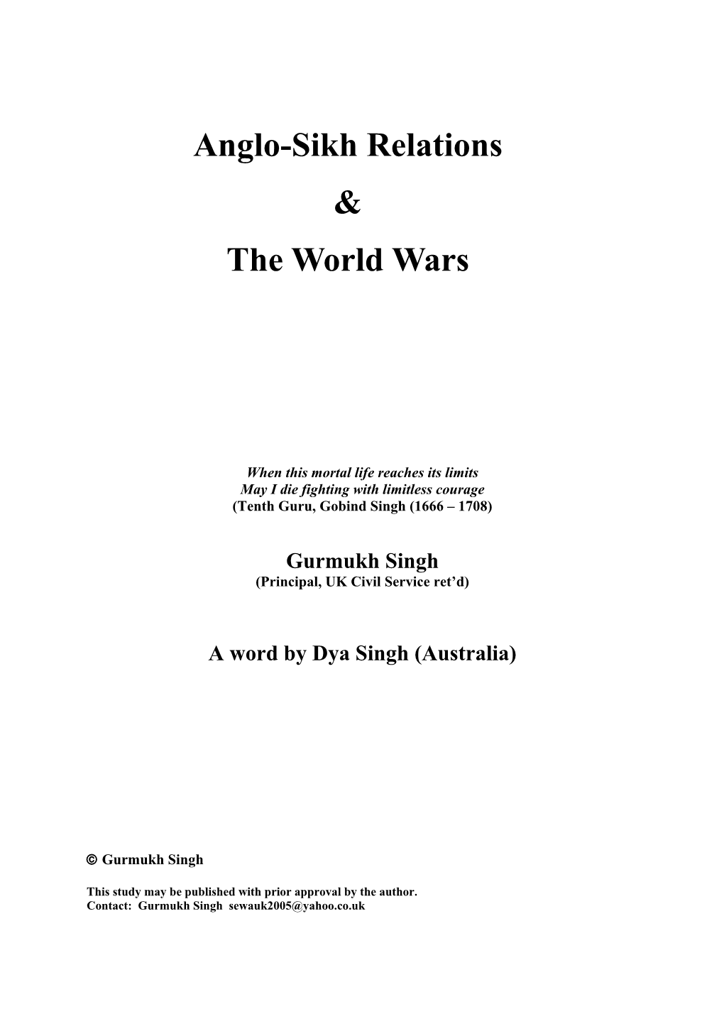 Anglo-Sikh Relations & the World Wars