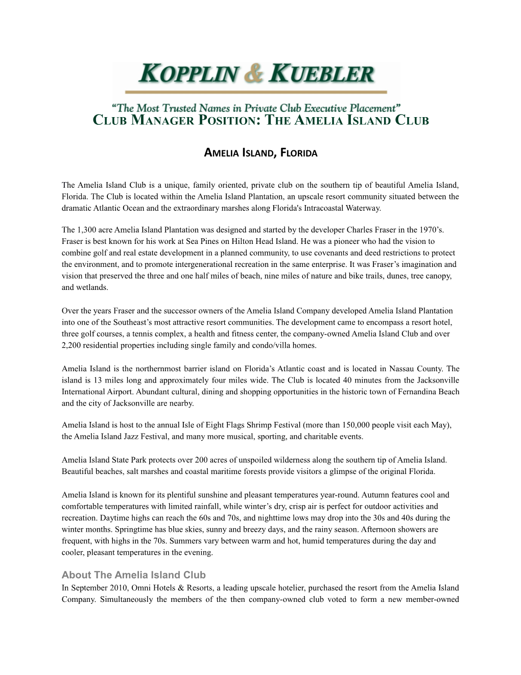 Club Manager Position: the Amelia Island Club