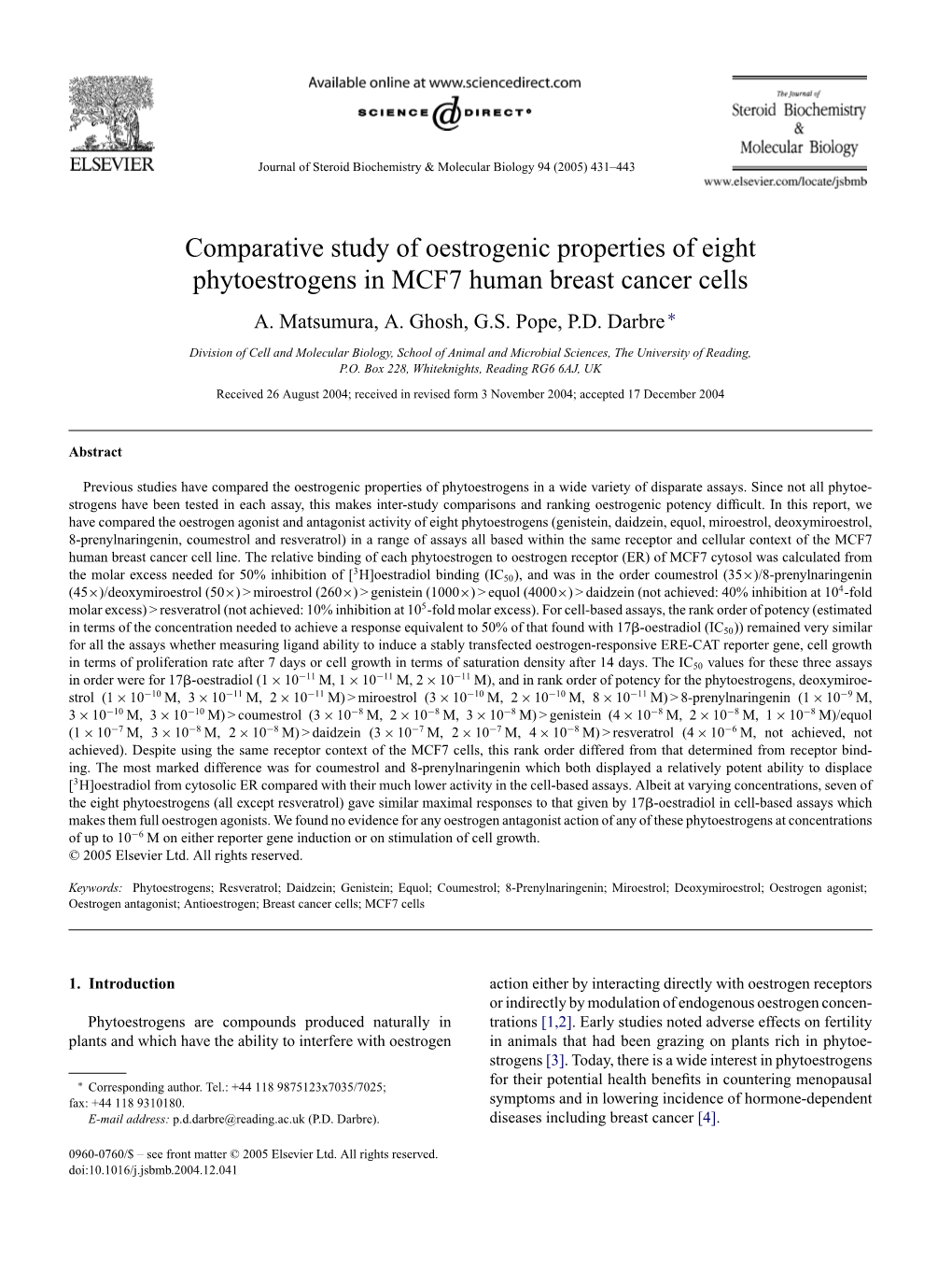 Comparative Study of Oestrogenic Properties of Eight Phytoestrogens in MCF7 Human Breast Cancer Cells A