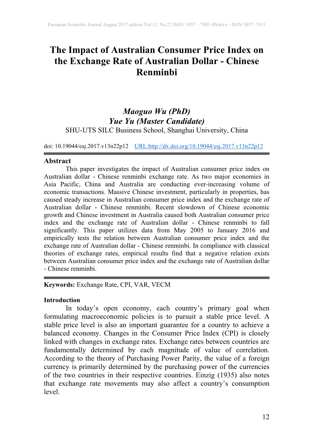 The Impact of Australian Consumer Price Index on the Exchange Rate of Australian Dollar - Chinese Renminbi