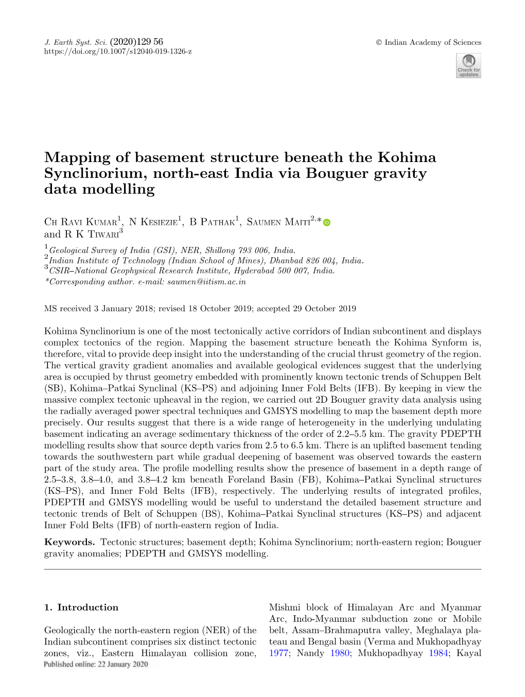 Mapping of Basement Structure Beneath the Kohima Synclinorium, North-East India Via Bouguer Gravity Data Modelling