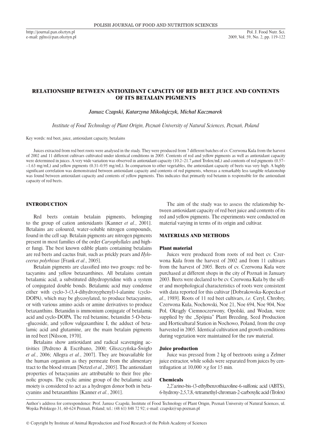 Relationship Between Antioxidant Capacity of Red Beet Juice and Contents of Its Betalain Pigments