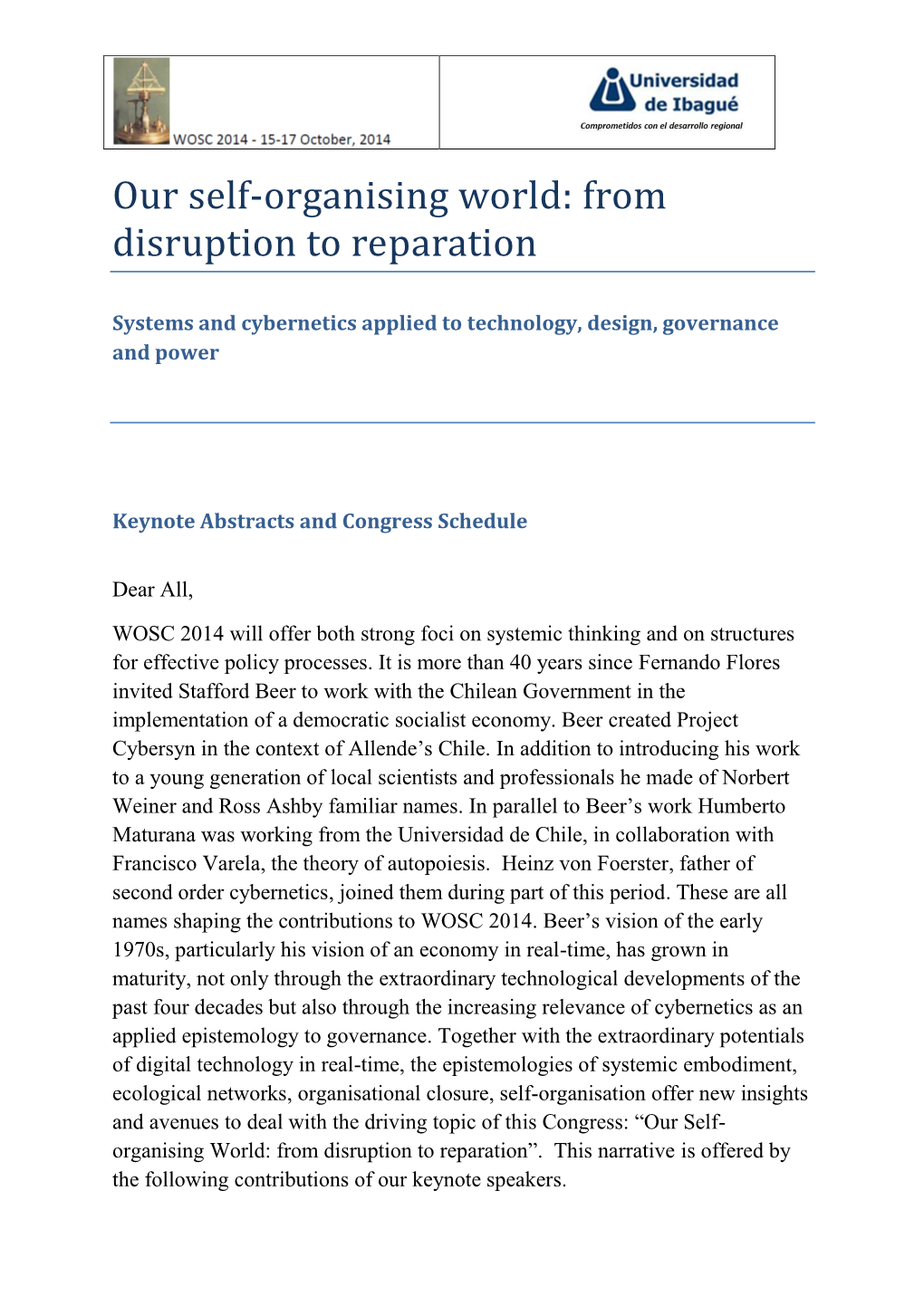 Abstracts of Plenaries WOSC 2014