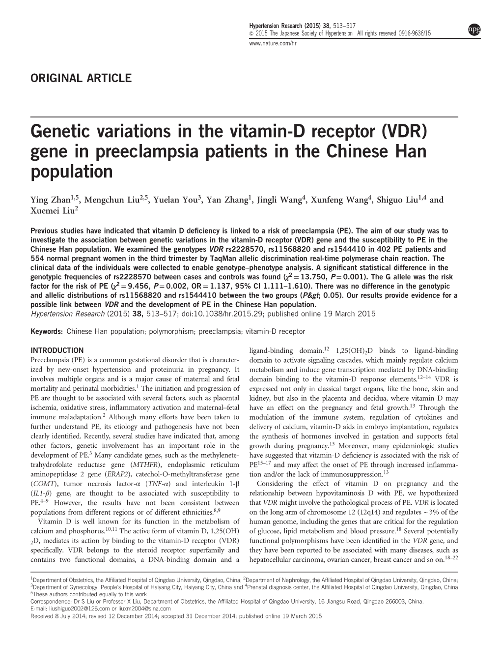 VDR) Gene in Preeclampsia Patients in the Chinese Han Population