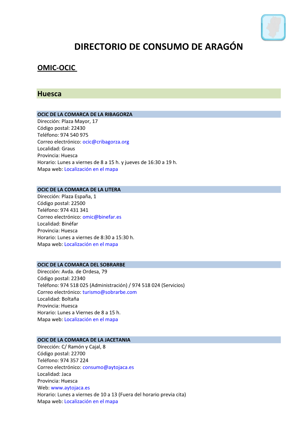 DIRECTORIO DE CONSUMO DE ARAGÓN OMIC-OCIC Huesca