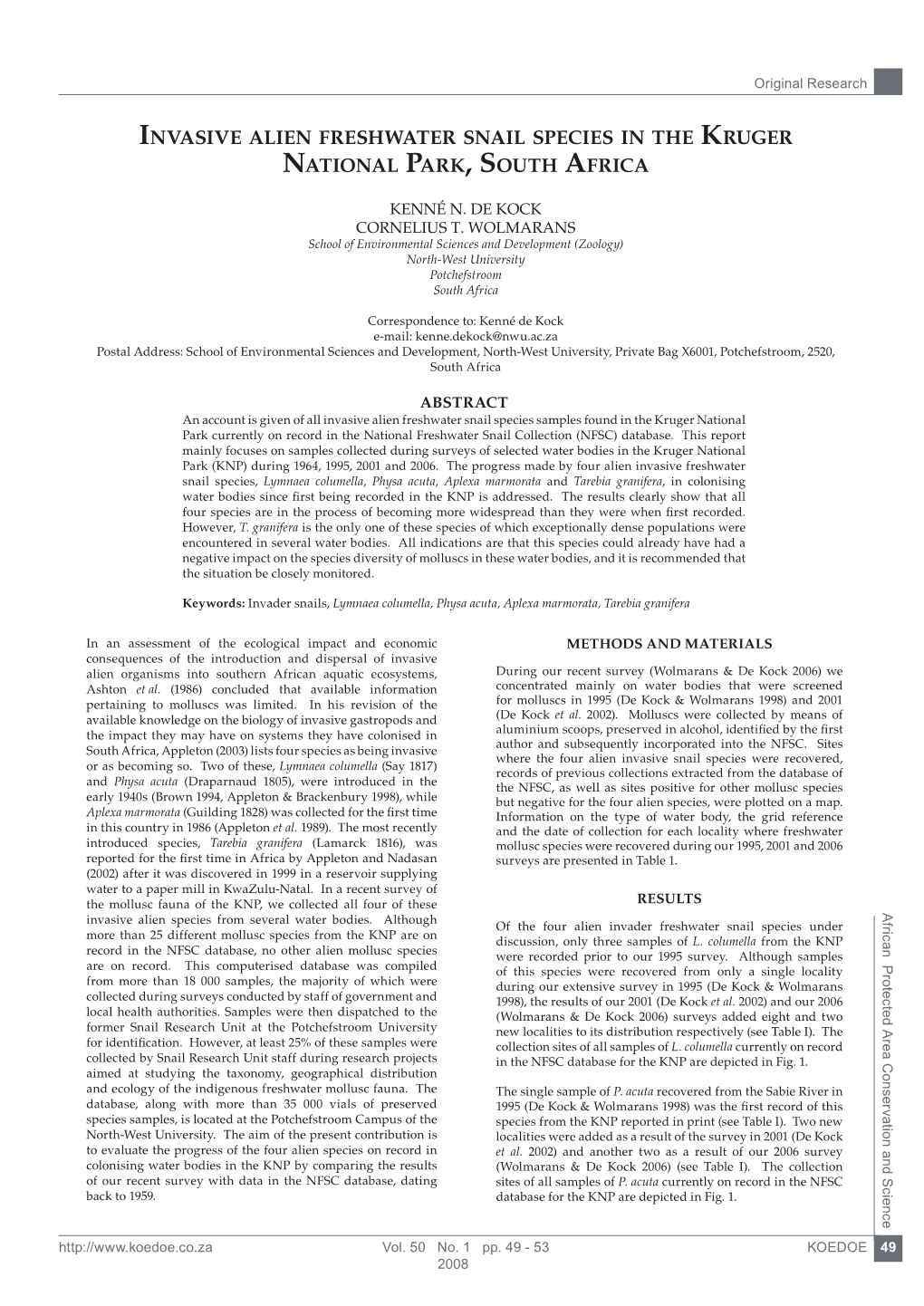 Invasive Alien Freshwater Snail Species in the Kruger National Park, South