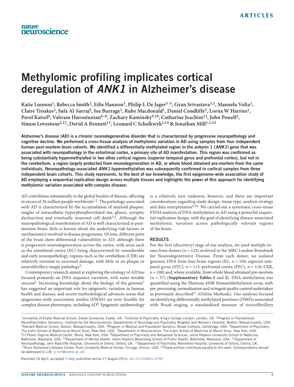 Methylomic Profiling Implicates Cortical Deregulation of ANK1 in Alzheimer’S Disease