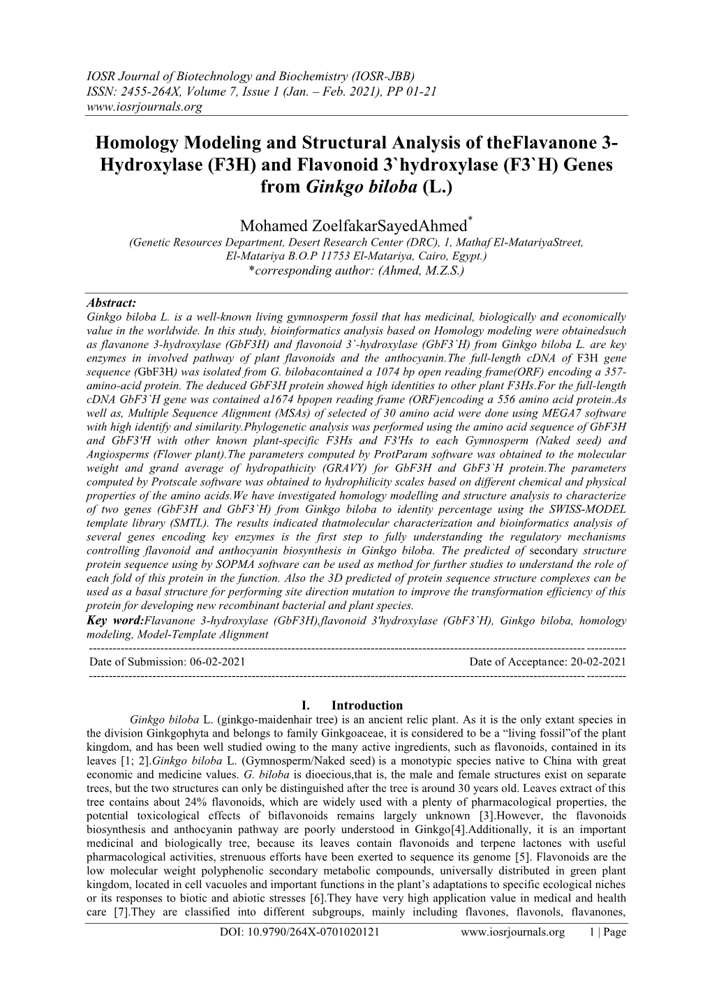 Homology Modeling and Structural Analysis of Theflavanone 3- Hydroxylase (F3H) and Flavonoid 3`Hydroxylase (F3`H) Genes from Ginkgo Biloba (L.)