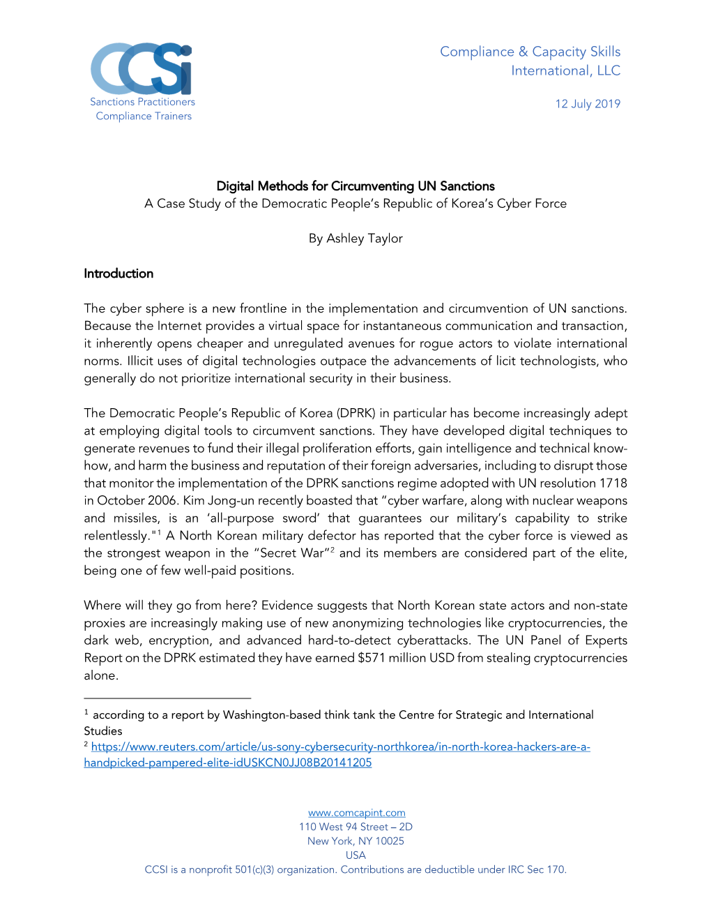 Digital Methods for Circumventing UN Sanctions a Case Study of the Democratic People’S Republic of Korea’S Cyber Force