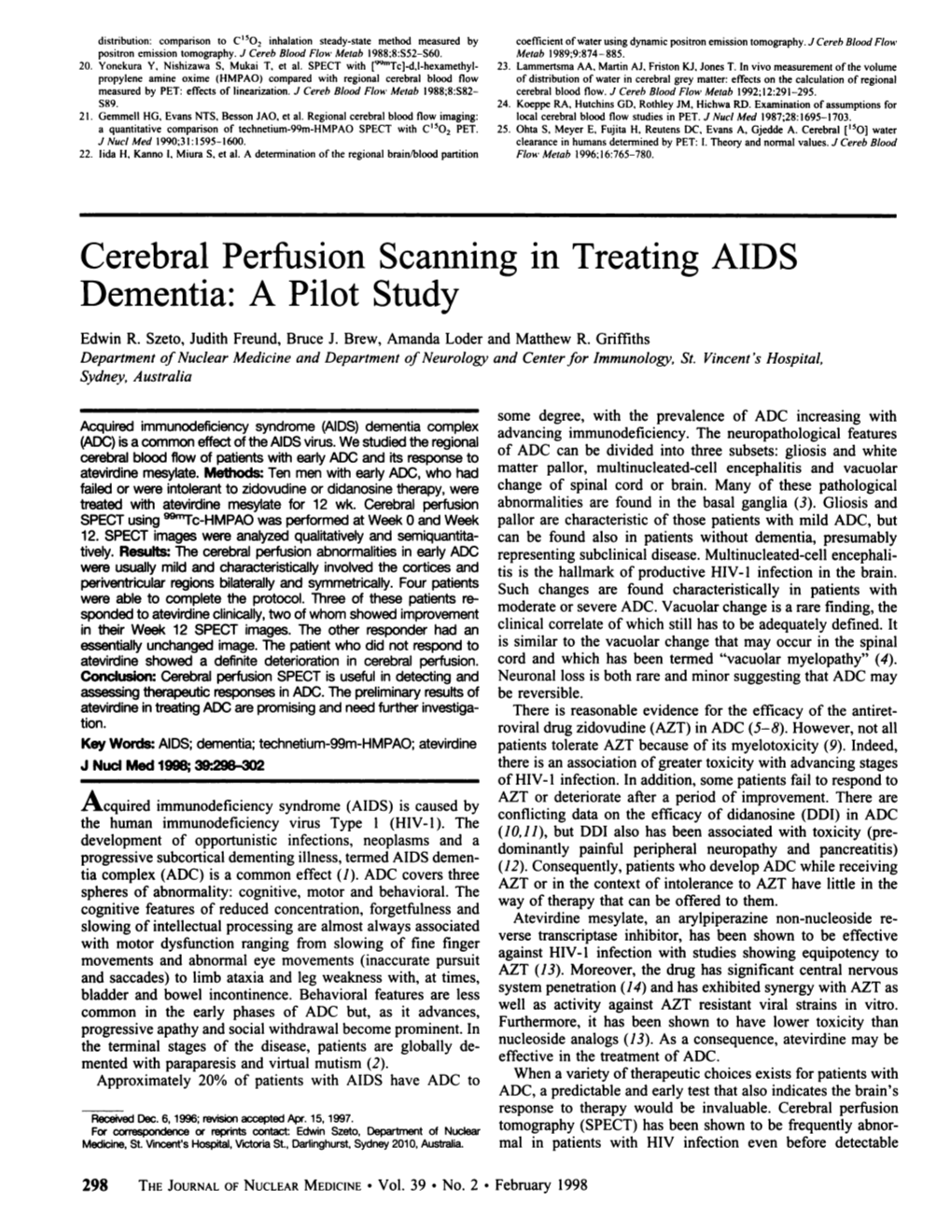 Cerebral Perfusion Scanning in Treating AIDS Dementia: a Pilot Study