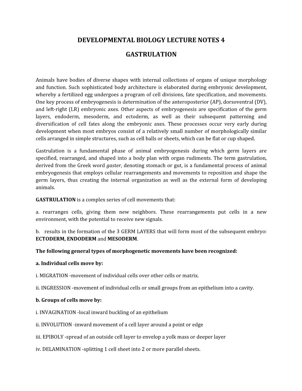 Developmental Biology Lecture Notes 4 Gastrulation