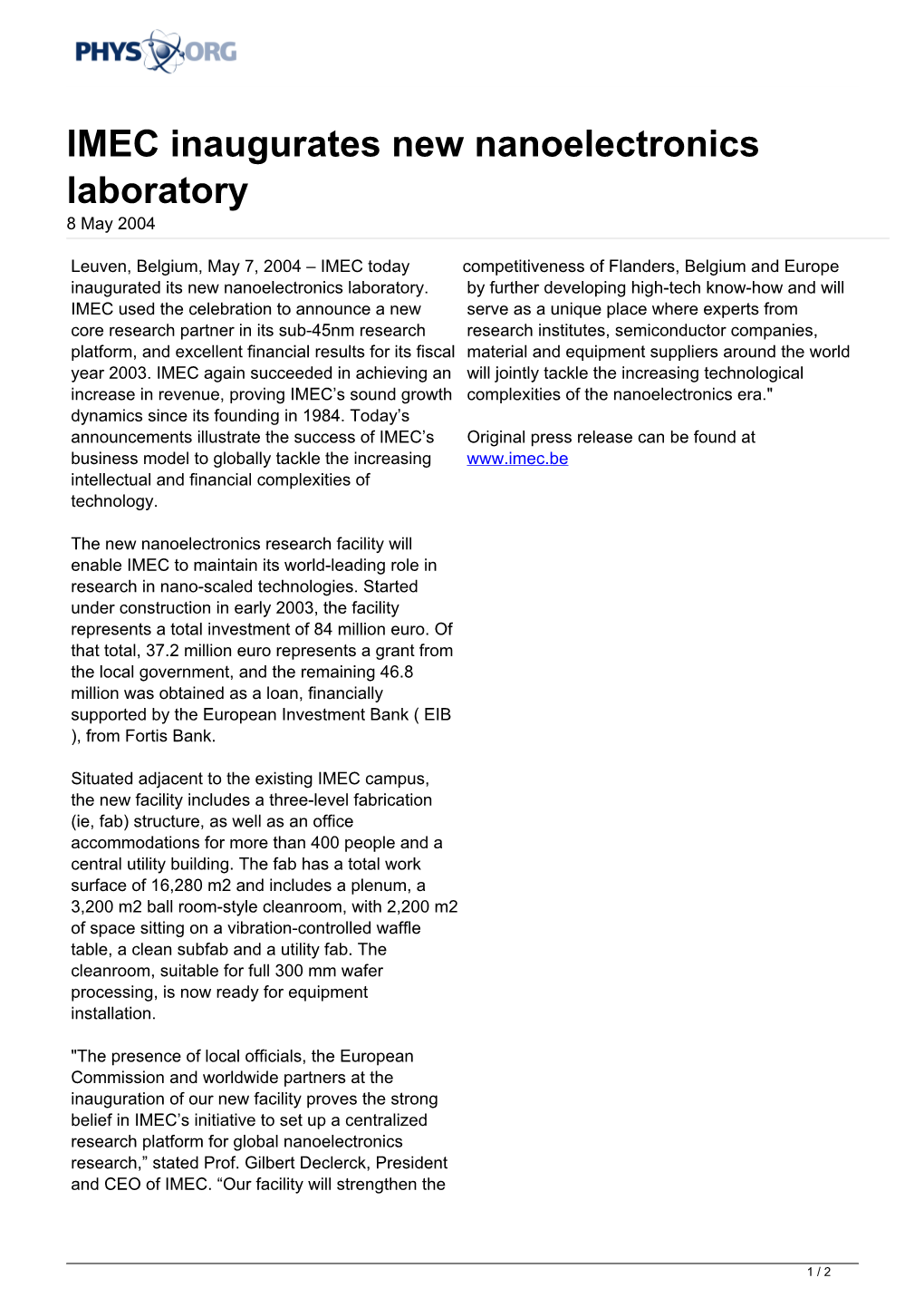 IMEC Inaugurates New Nanoelectronics Laboratory 8 May 2004