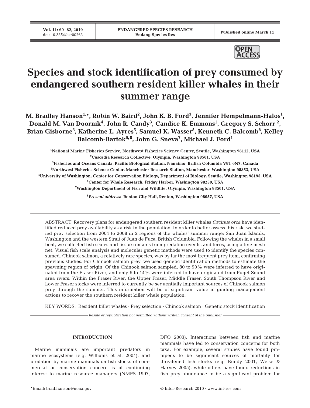 Species and Stock Identification of Prey Consumed by Endangered Southern Resident Killer Whales in Their Summer Range