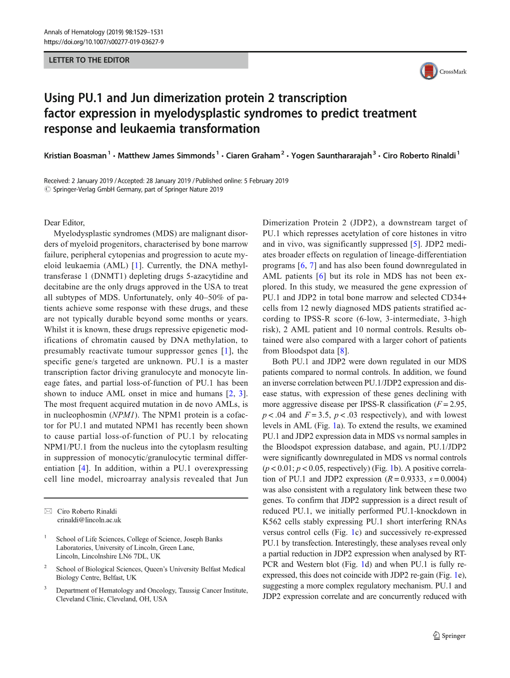 Using PU.1 and Jun Dimerization Protein 2 Transcription Factor Expression in Myelodysplastic Syndromes to Predict Treatment Response and Leukaemia Transformation