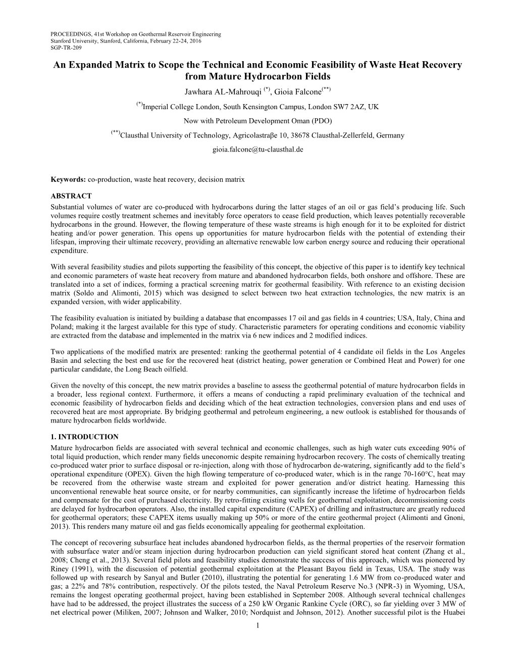 An Expanded Matrix to Scope the Technical and Economic Feasibility