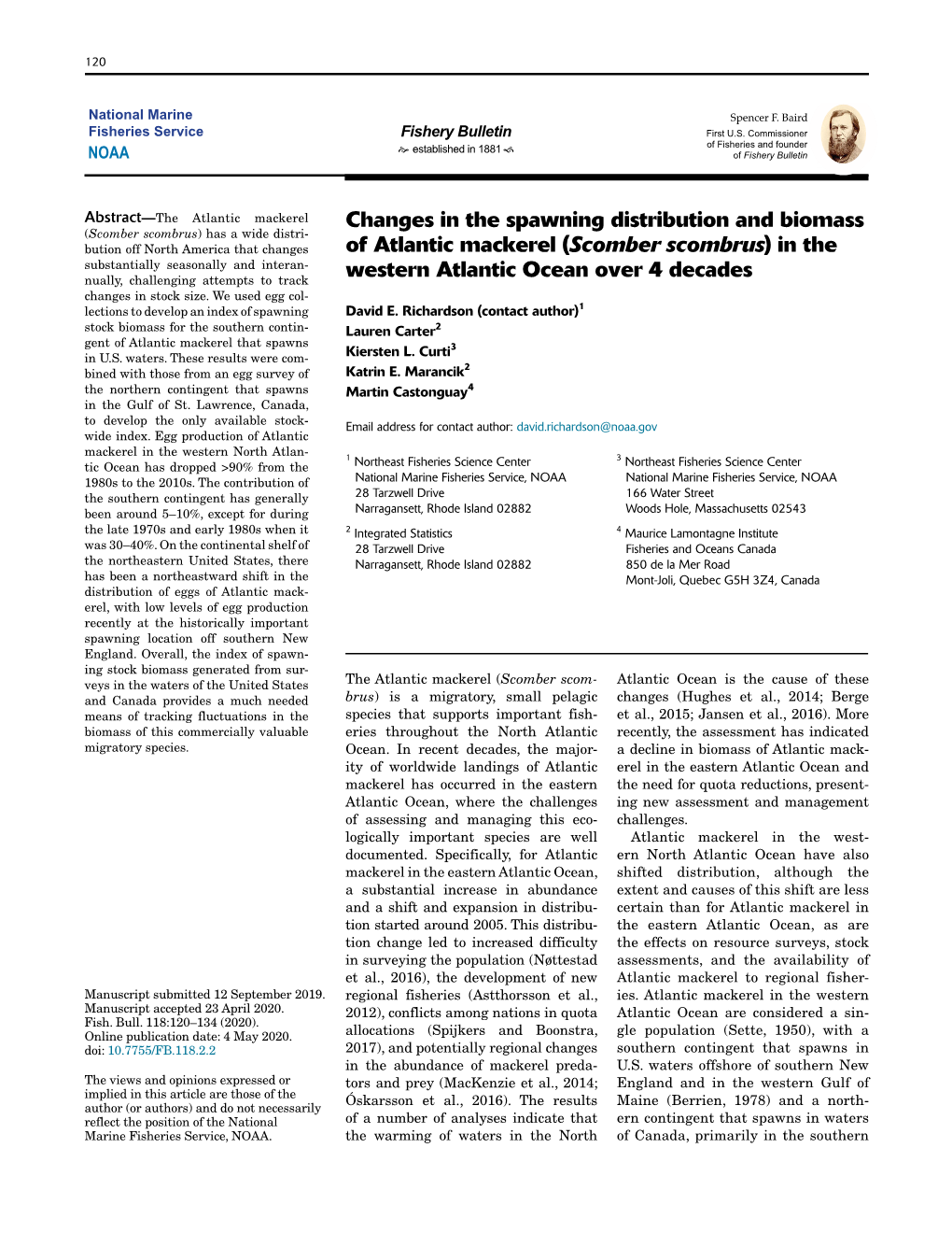 Changes in the Spawning Distribution and Biomass of Atlantic Mackerel (Scomber Scombrus) in the Western Atlantic Ocean Over 4 De