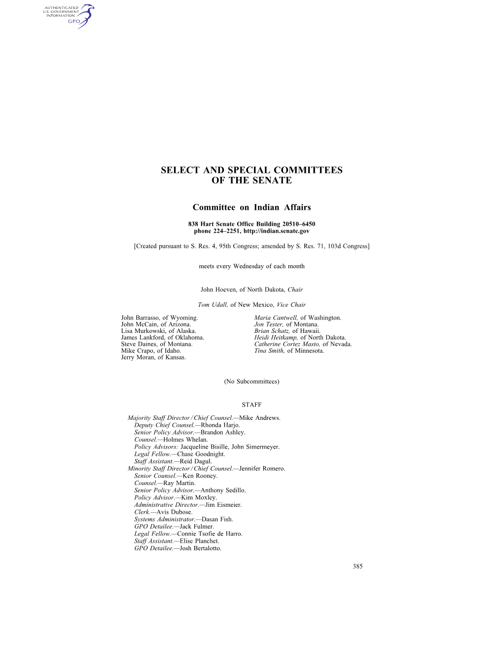 Select and Special Committees of the Senate