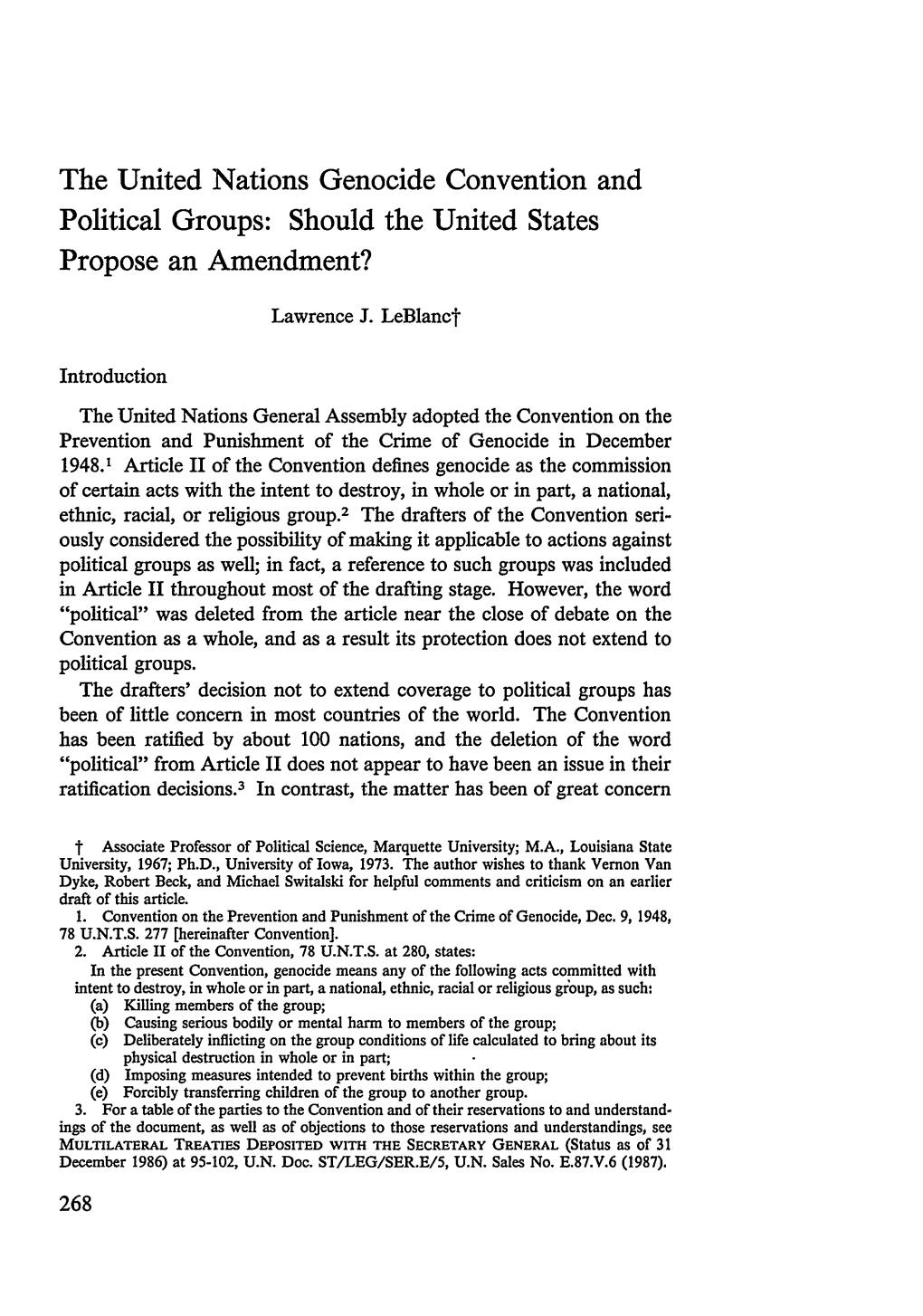 The United Nations Genocide Convention and Political Groups: Should the United States Propose an Amendment?