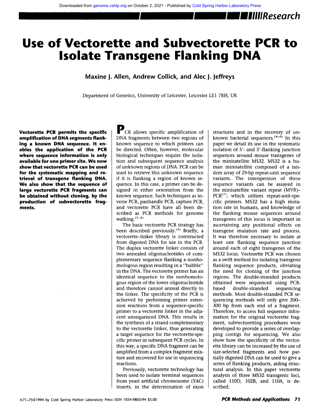 Use of Vectorette and Subvectorette PCR to Isolate Transgene Flanking DNA