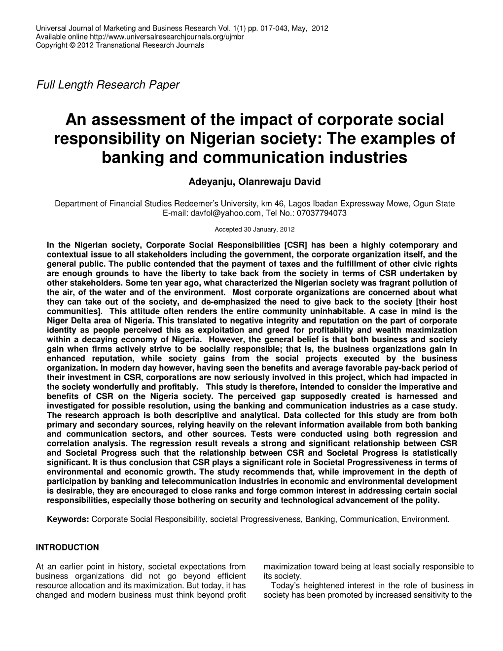 An Assessment of the Impact of Corporate Social Responsibility on Nigerian Society: the Examples of Banking and Communication Industries