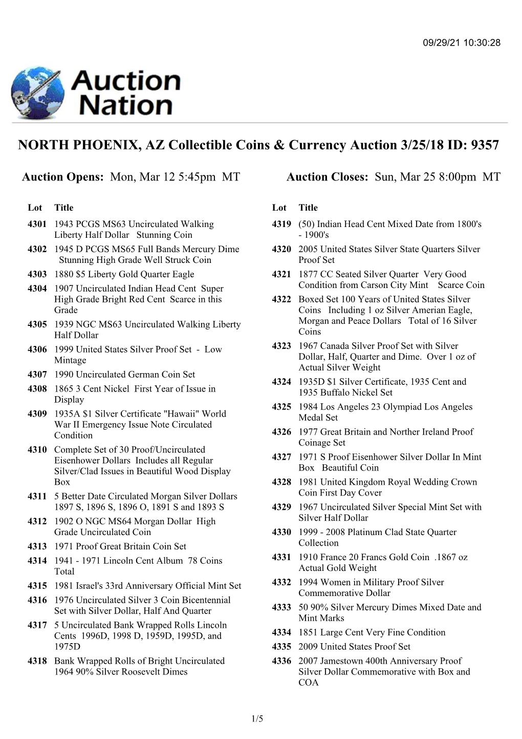 NORTH PHOENIX, AZ Collectible Coins & Currency Auction 3/25/18