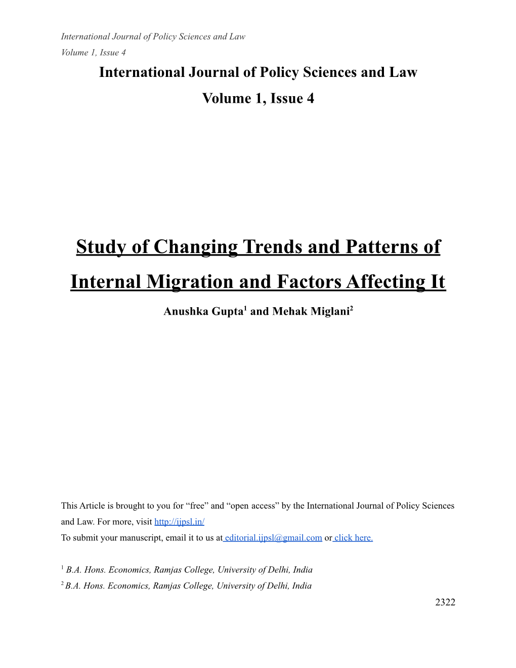 Study of Changing Trends and Patterns of Internal Migration and Factors Affecting It
