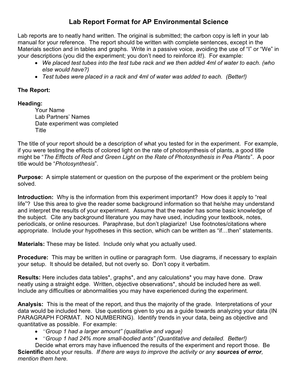 Lab Report Format for AP Environmental Science