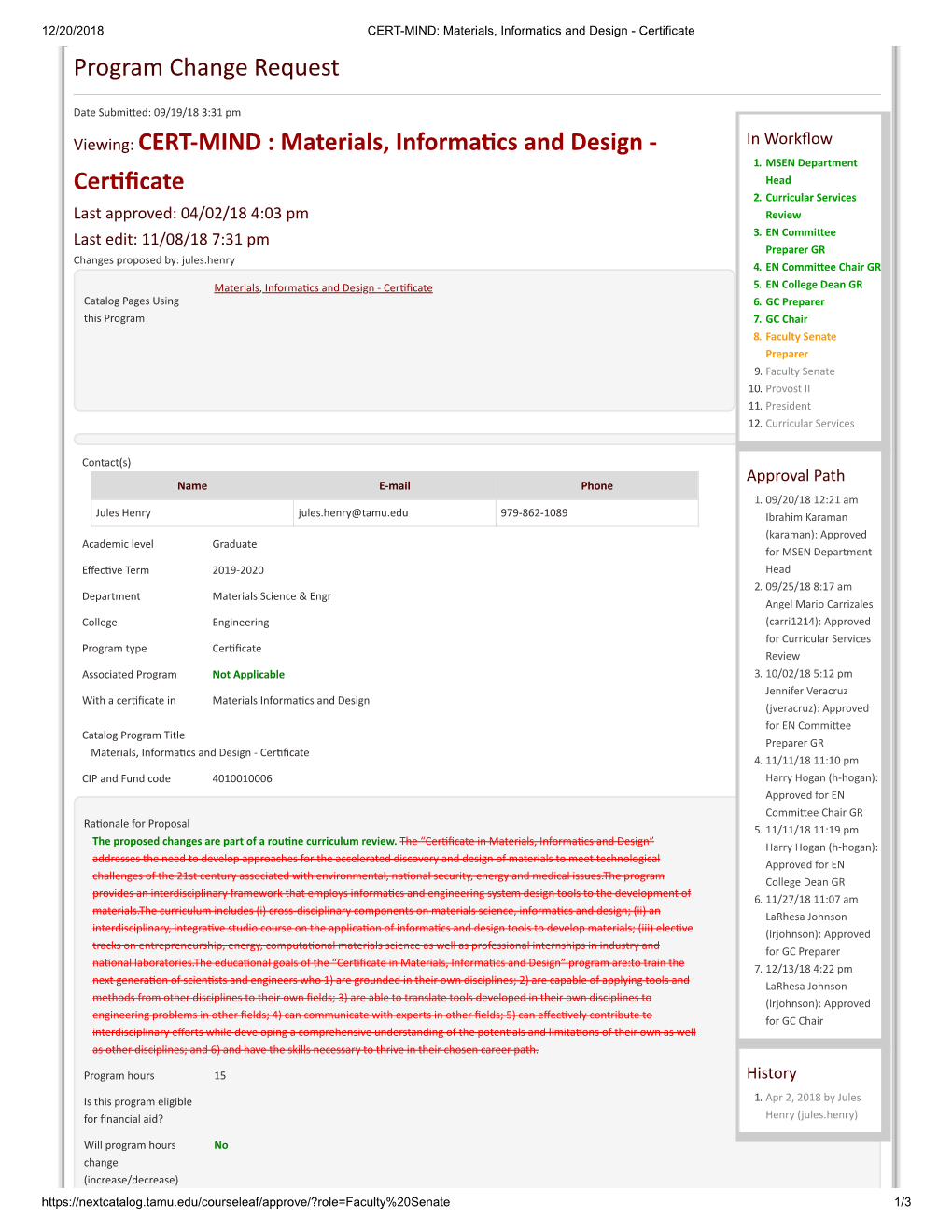 CERT-MIND: Materials, Informatics and Design - Certificate Program Change Request