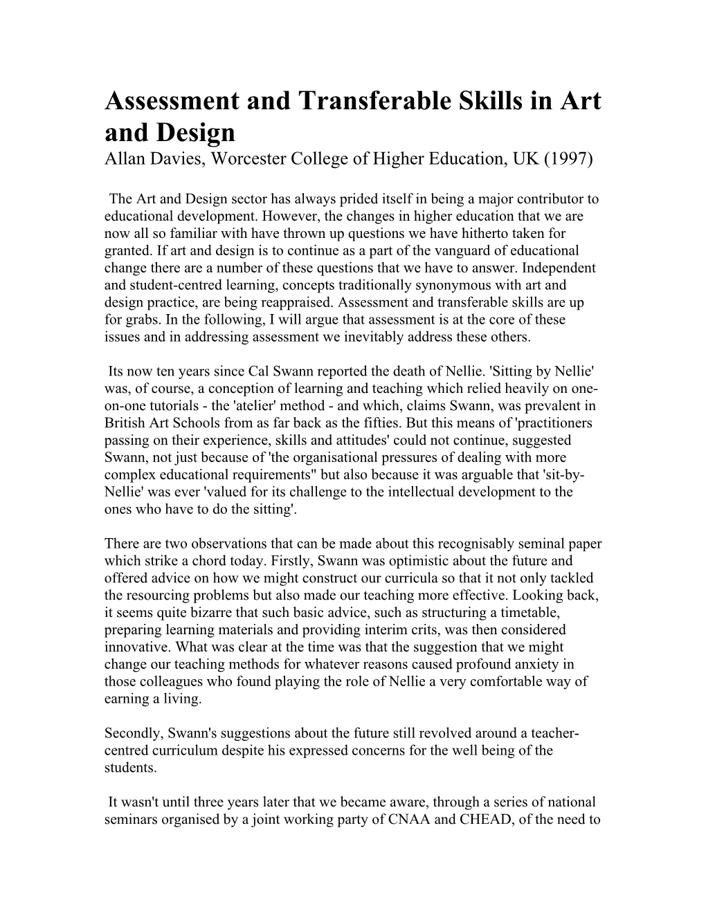 Assessment and Transferable Skills in Art and Design