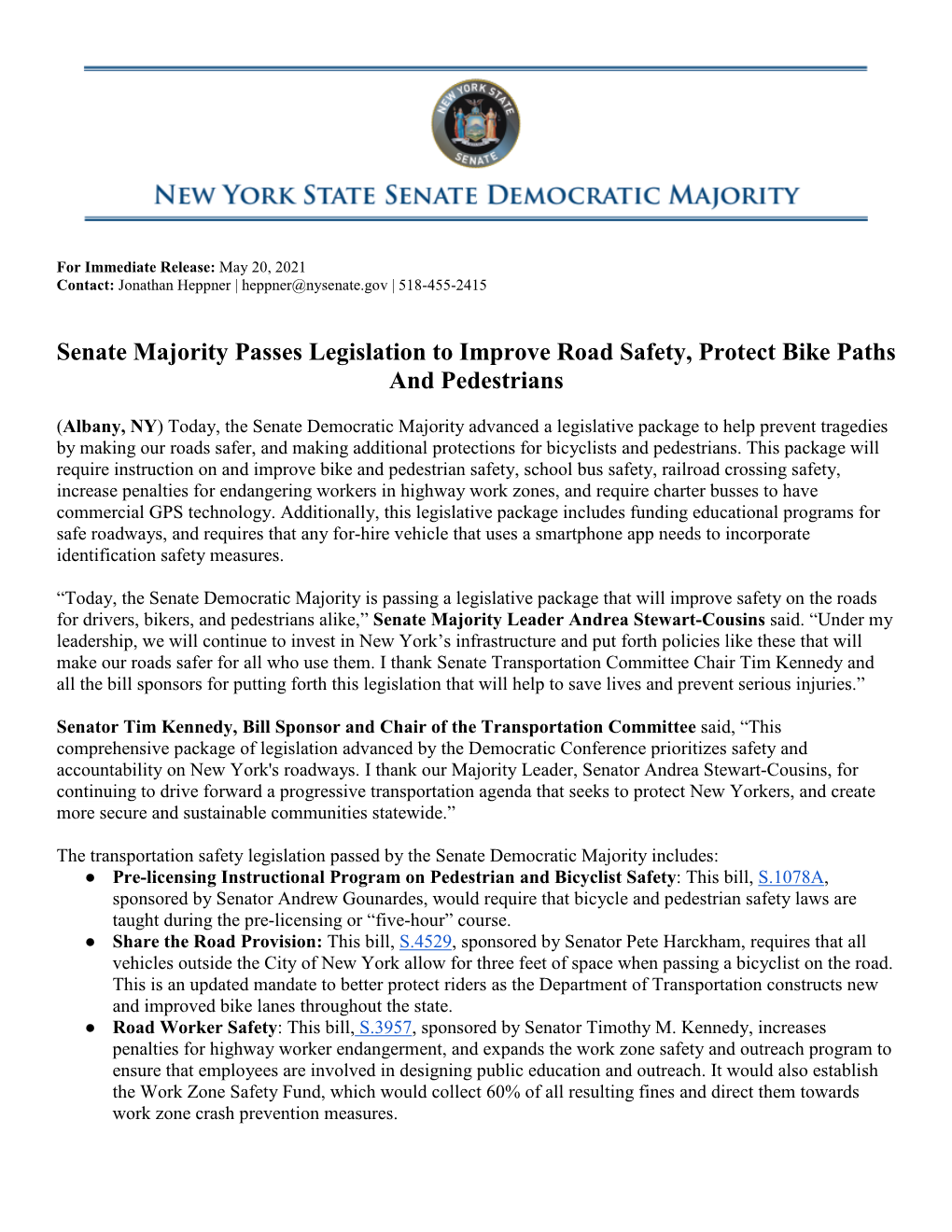 Senate Democratic Majority Passes Legislation to Improve Road Safety, Protect Bike Paths and Pedestrians