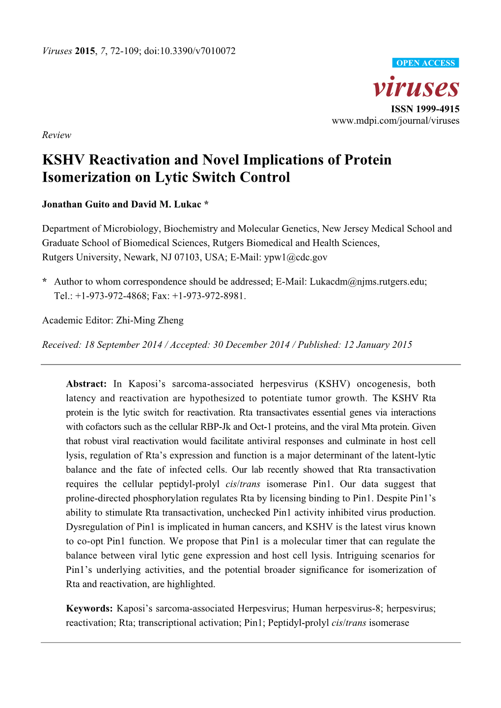 KSHV Reactivation and Novel Implications of Protein Isomerization on Lytic Switch Control