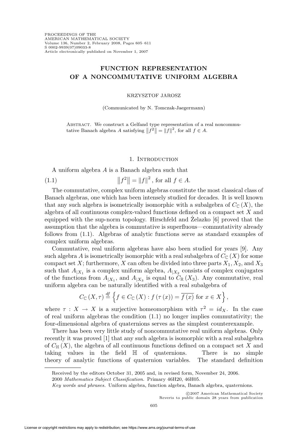 Function Representation of a Noncommutative Uniform Algebra