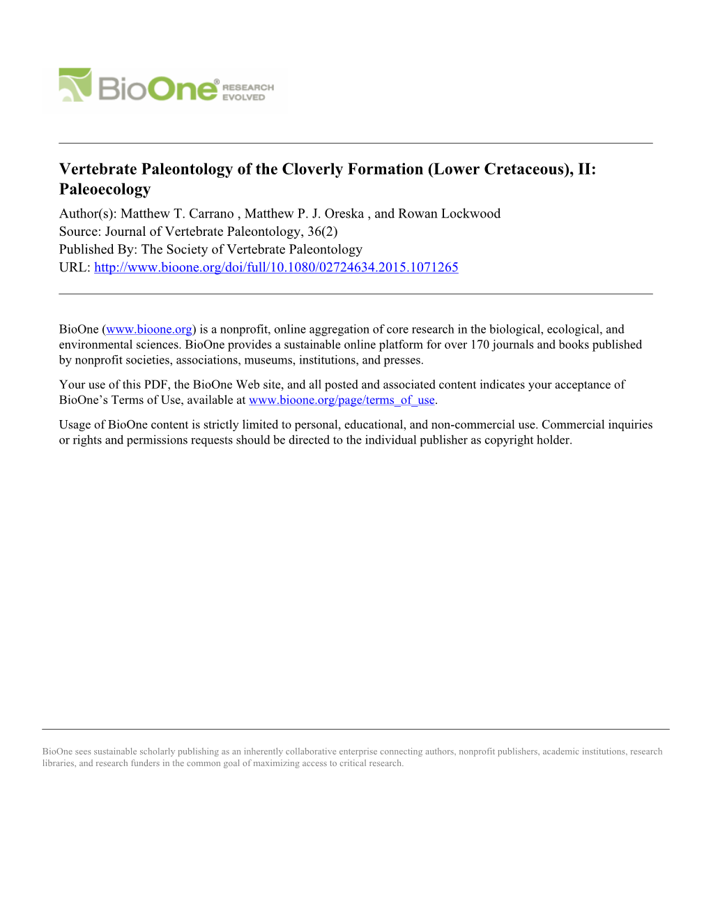 Vertebrate Paleontology of the Cloverly Formation (Lower Cretaceous), II: Paleoecology Author(S): Matthew T