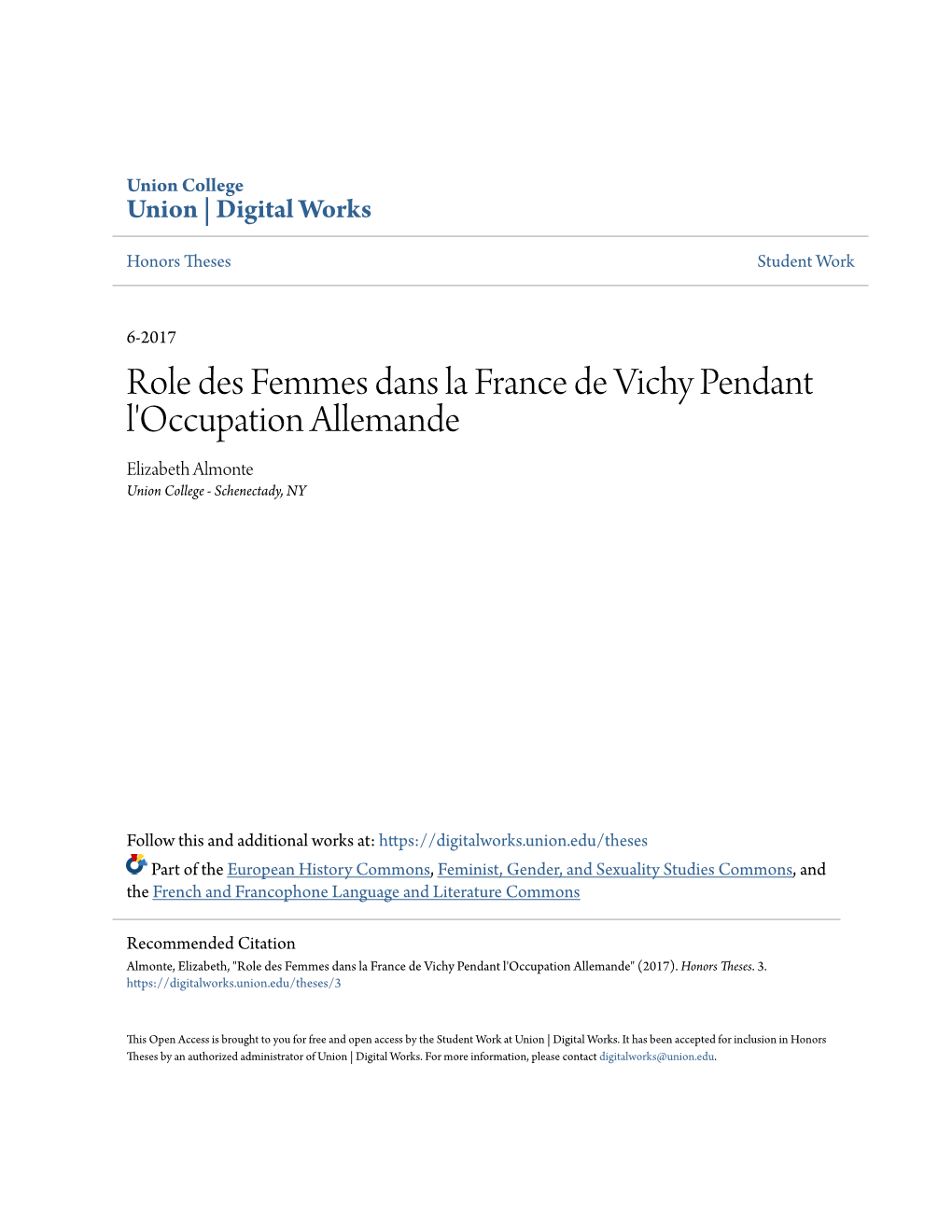 Role Des Femmes Dans La France De Vichy Pendant L'occupation Allemande Elizabeth Almonte Union College - Schenectady, NY