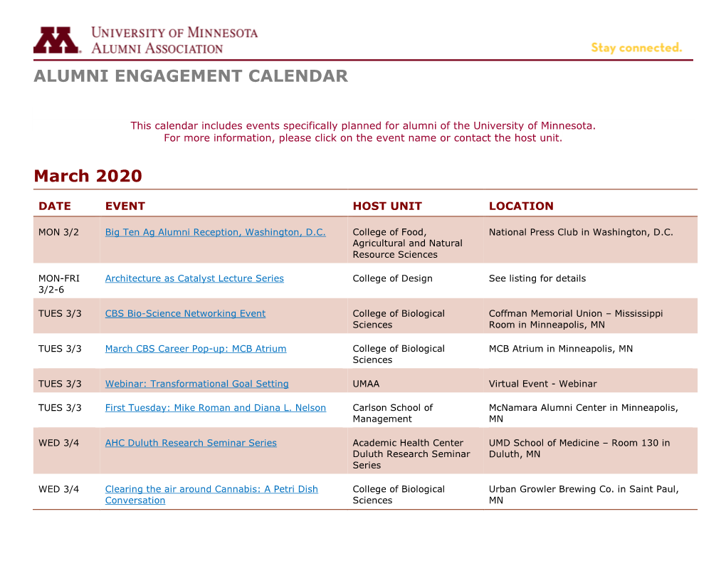 ALUMNI ENGAGEMENT CALENDAR March 2020