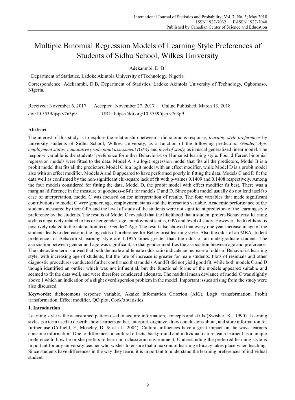 Multiple Binomial Regression Models of Learning Style Preferences of Students of Sidhu School, Wilkes University