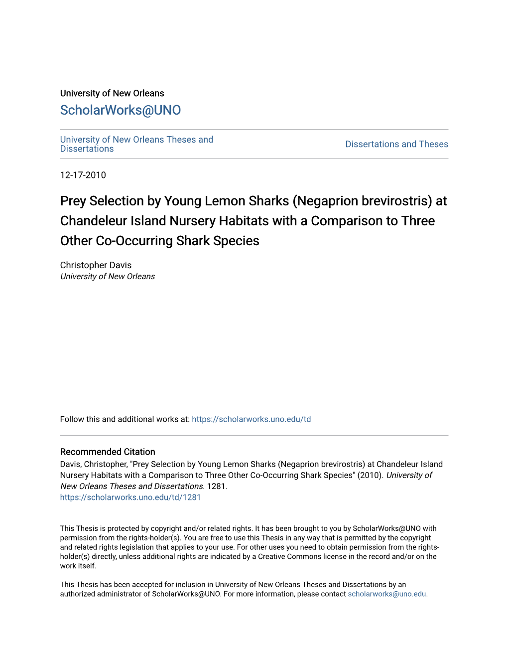 Prey Selection by Young Lemon Sharks (Negaprion Brevirostris) at Chandeleur Island Nursery Habitats with a Comparison to Three Other Co-Occurring Shark Species