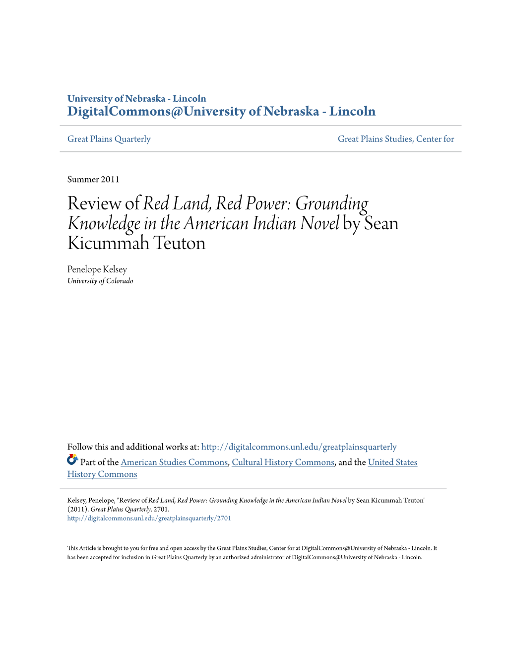 Review of Red Land, Red Power: Grounding Knowledge in the American Indian Novel by Sean Kicummah Teuton Penelope Kelsey University of Colorado