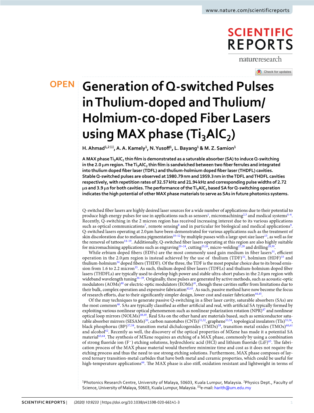 Holmium-Co-Doped Fiber Lasers Using MAX Phase (Ti3alc2) H