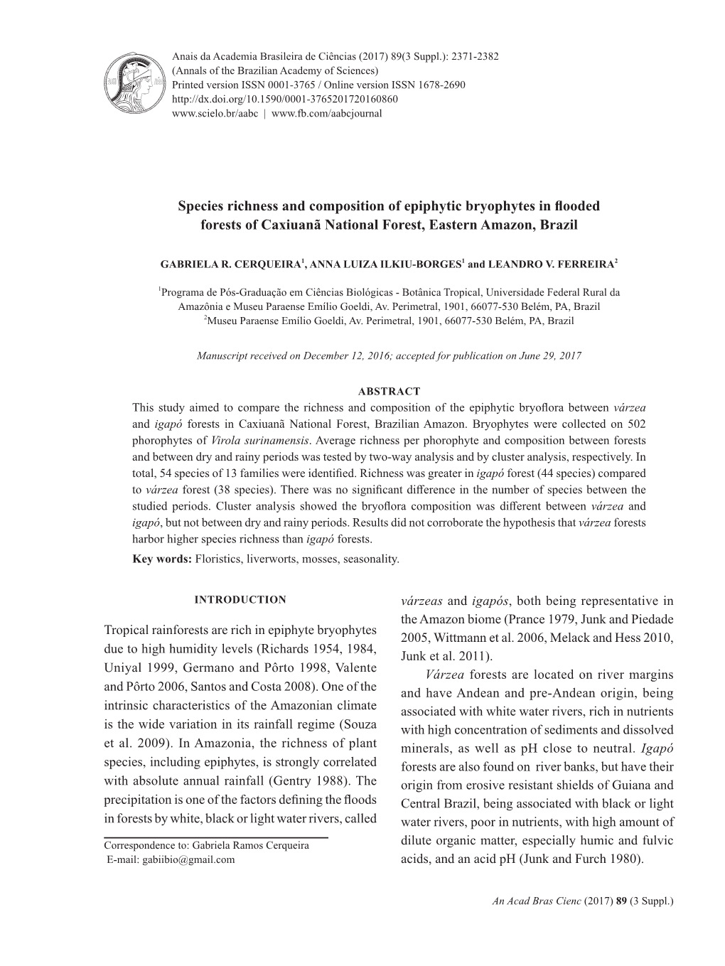 Species Richness and Composition of Epiphytic Bryophytes in Flooded Forests of Caxiuanã National Forest, Eastern Amazon, Brazil