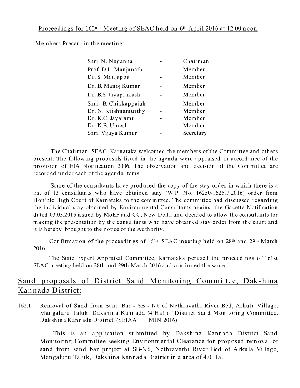 Sand Proposals of District Sand Monitoring Committee, Dakshina Kannada District