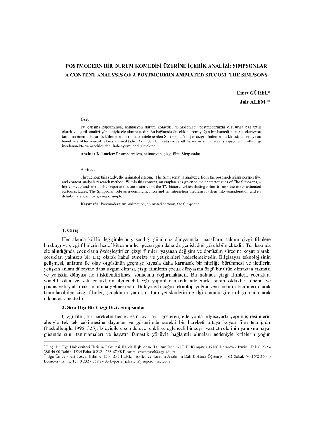 Simpsonlar a Content Analysis of a Postmodern Animated Sitcom: the Simpsons