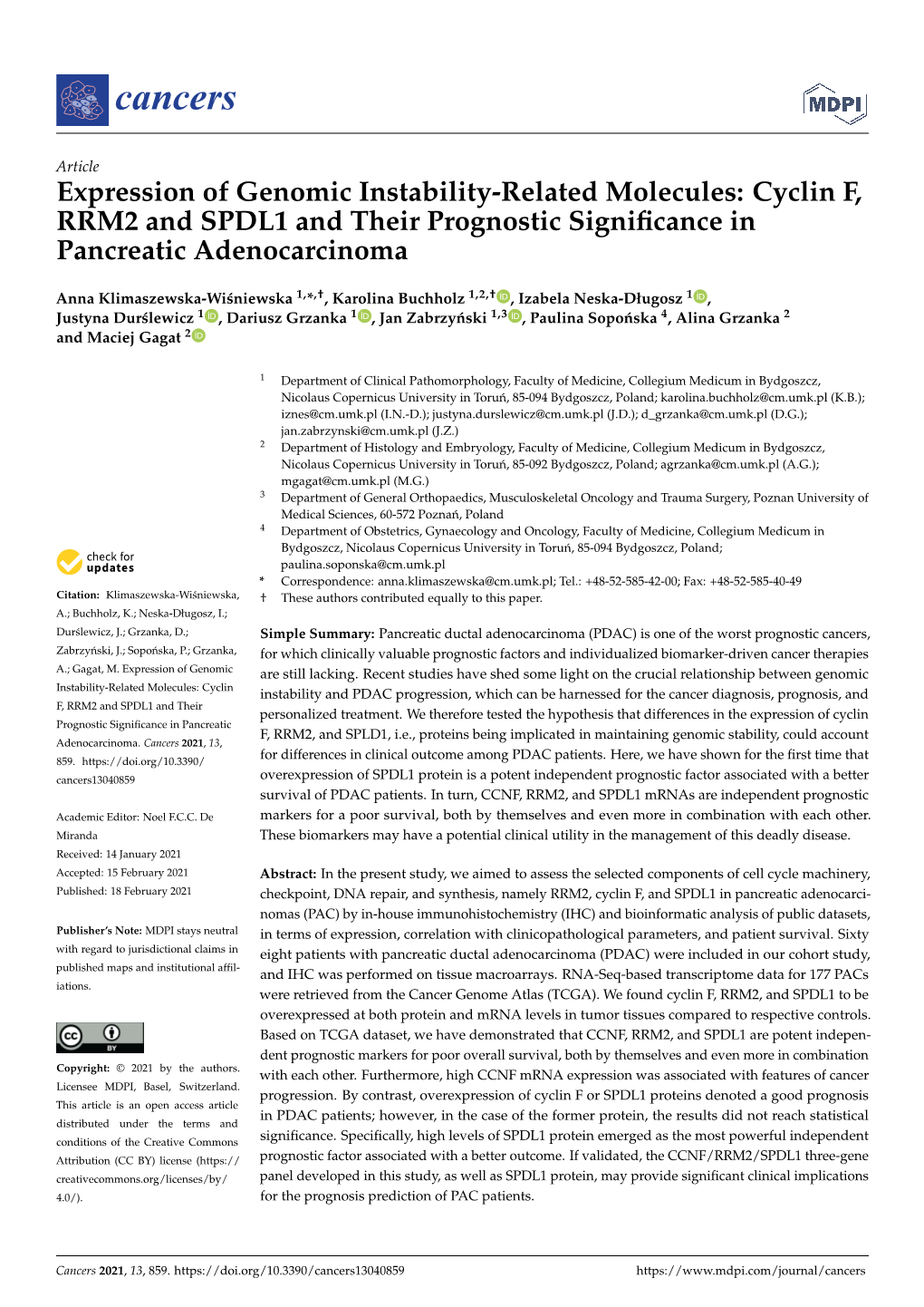 Cyclin F, RRM2 and SPDL1 and Their Prognostic Significance In