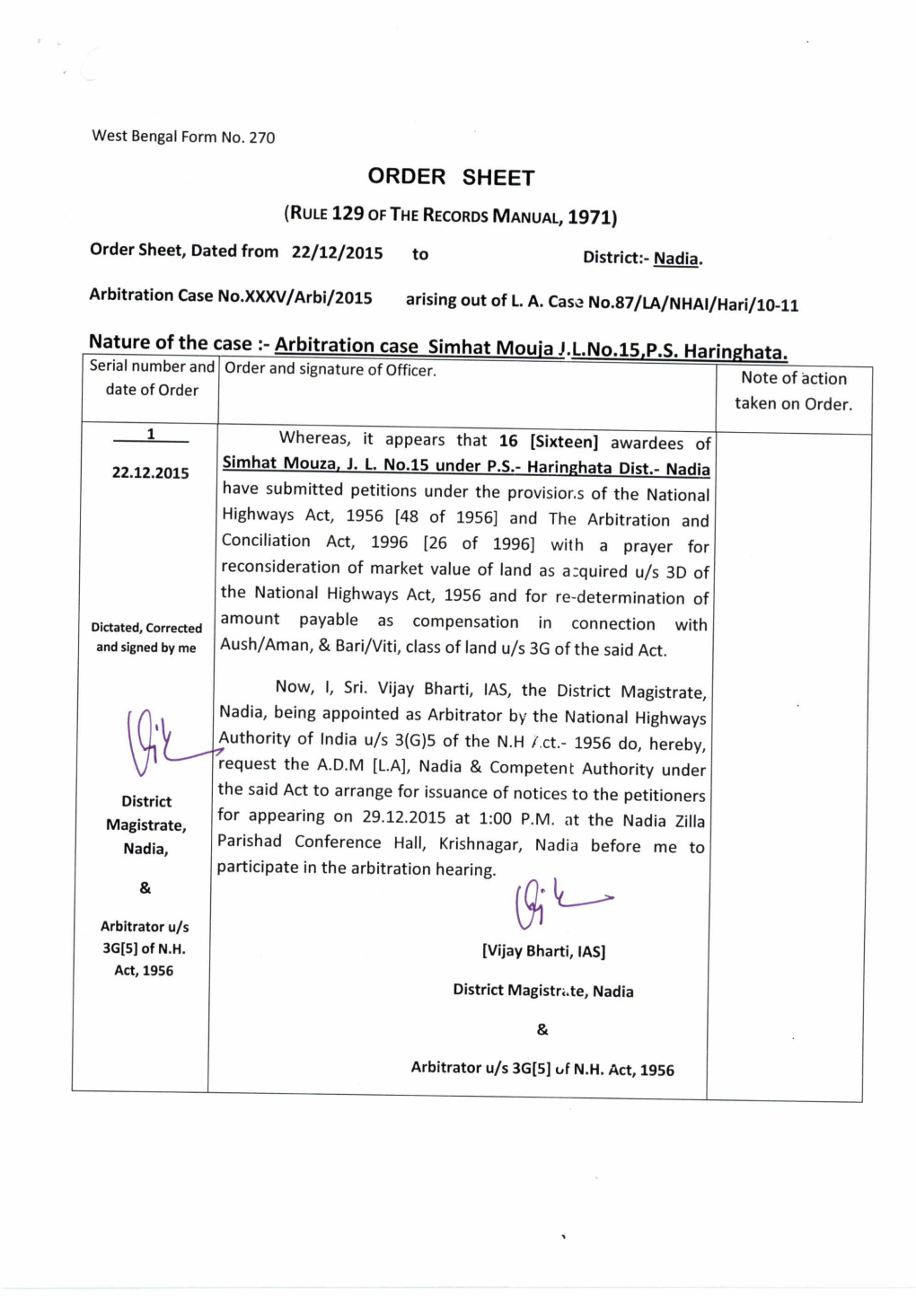 ORDER SHEET Nature of the Case :- Arbitration Case