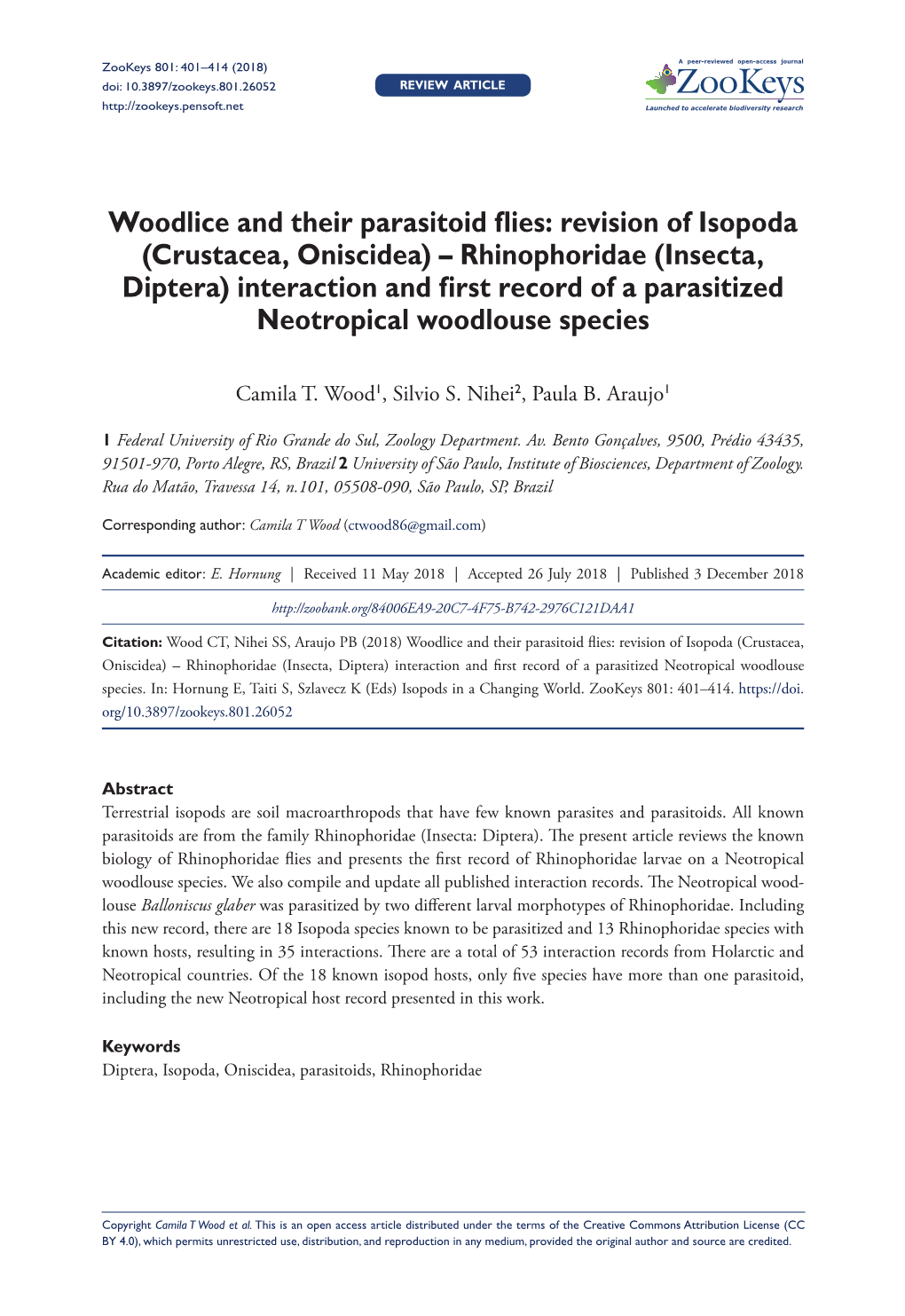 Woodlice and Their Parasitoid Flies: Revision of Isopoda (Crustacea