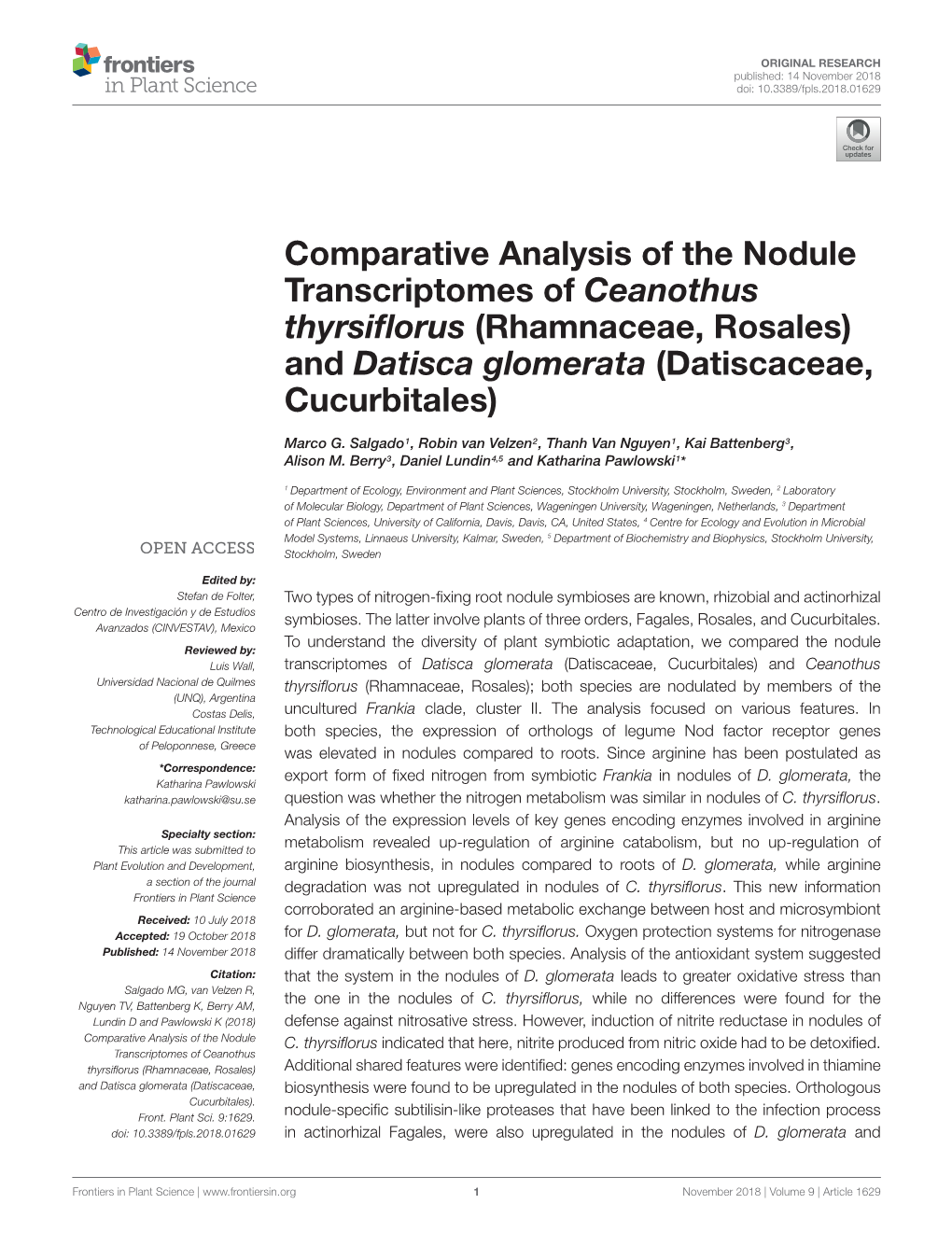 Comparative Analysis of the Nodule Transcriptomes of Ceanothus Thyrsiﬂorus (Rhamnaceae, Rosales) and Datisca Glomerata (Datiscaceae, Cucurbitales)