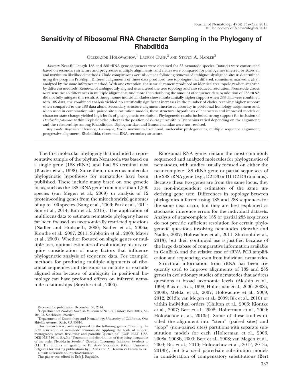 Sensitivity of Ribosomal RNA Character Sampling in the Phylogeny of Rhabditida