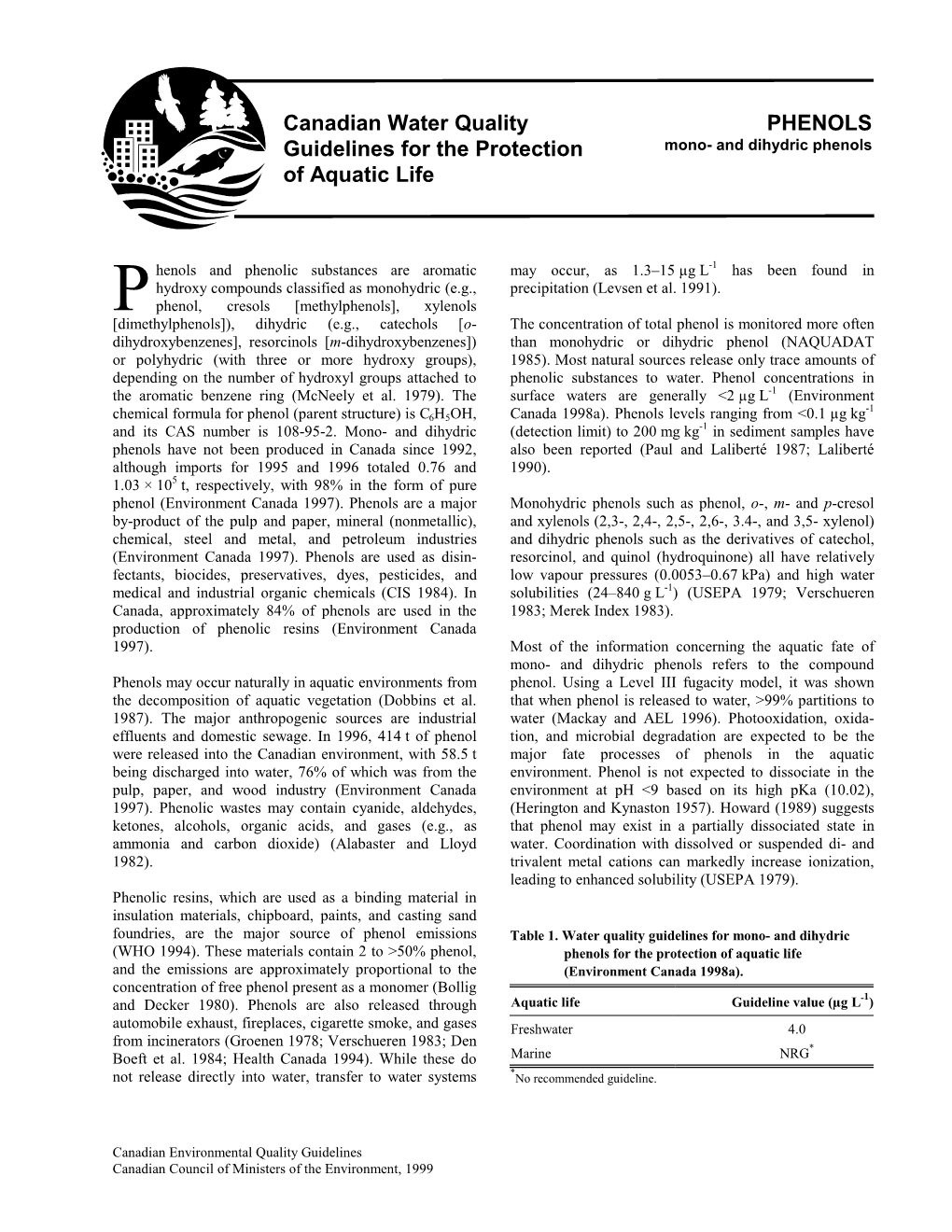 PHENOLS Guidelines for the Protection Mono- and Dihydric Phenols of Aquatic Life